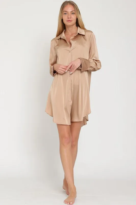 Khaki Long Sleeve Shirt Satin Mini Dress