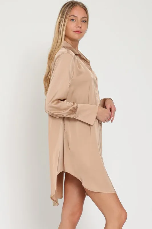 Khaki Long Sleeve Shirt Satin Mini Dress