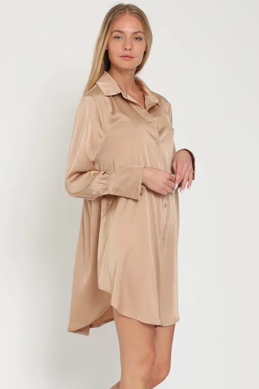 Khaki Long Sleeve Shirt Satin Mini Dress