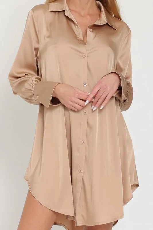 Khaki Long Sleeve Shirt Satin Mini Dress