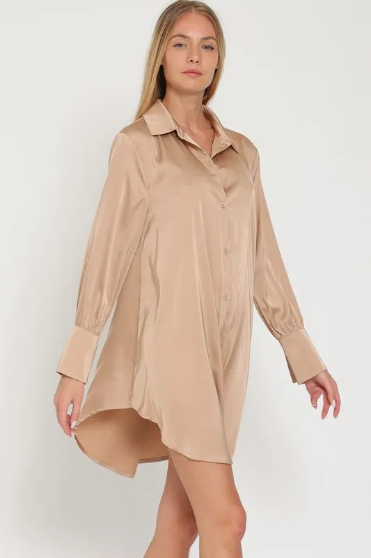 Khaki Long Sleeve Shirt Satin Mini Dress