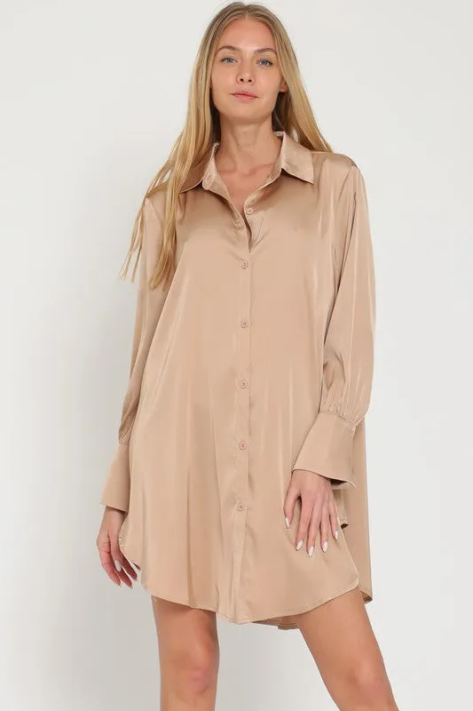 Khaki Long Sleeve Shirt Satin Mini Dress