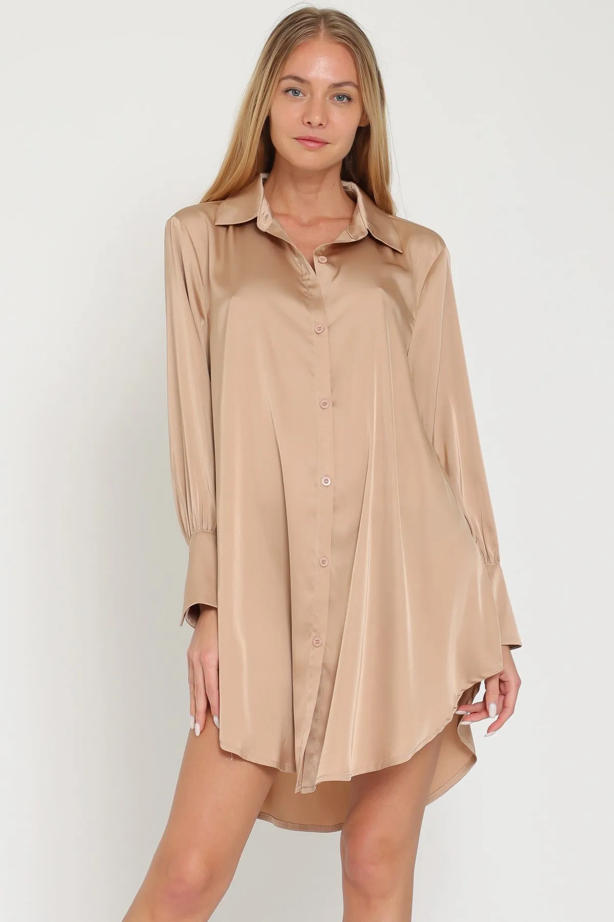 Khaki Long Sleeve Shirt Satin Mini Dress