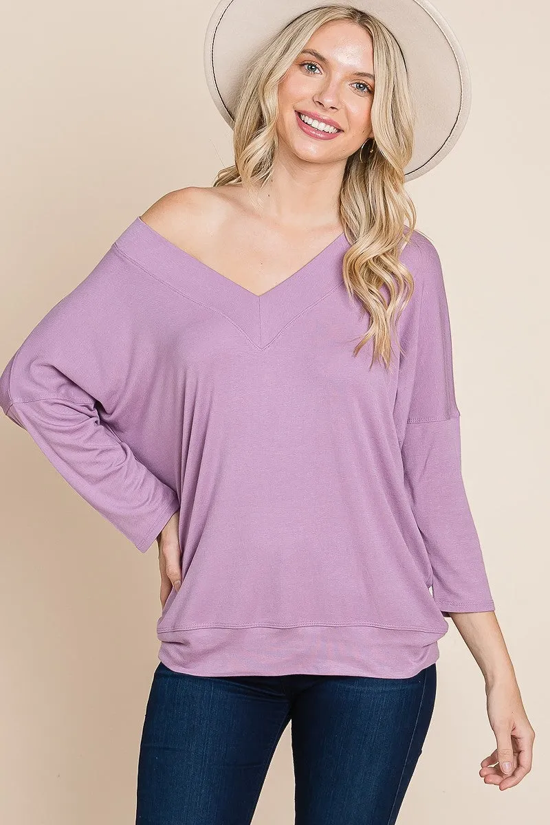 Lavender Purple Rib Modal Casual 3/4 Sleeves Dolman Sleeves Top_