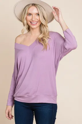 Lavender Purple Rib Modal Casual 3/4 Sleeves Dolman Sleeves Top_