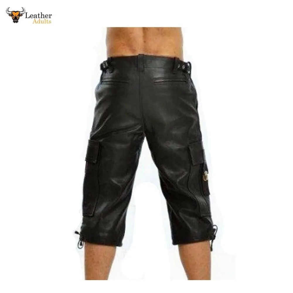 Men's 100% Genuine Leather Combat Cargo Shorts Lederhosen New