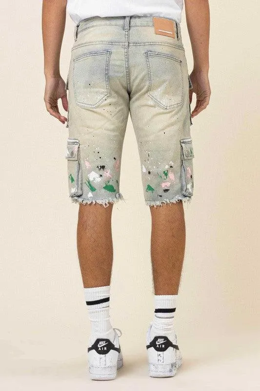 Mens Hand Painted Multi Cargo Denim Shorts