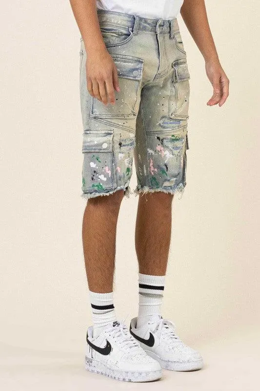 Mens Hand Painted Multi Cargo Denim Shorts