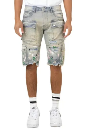 Mens Hand Painted Multi Cargo Denim Shorts