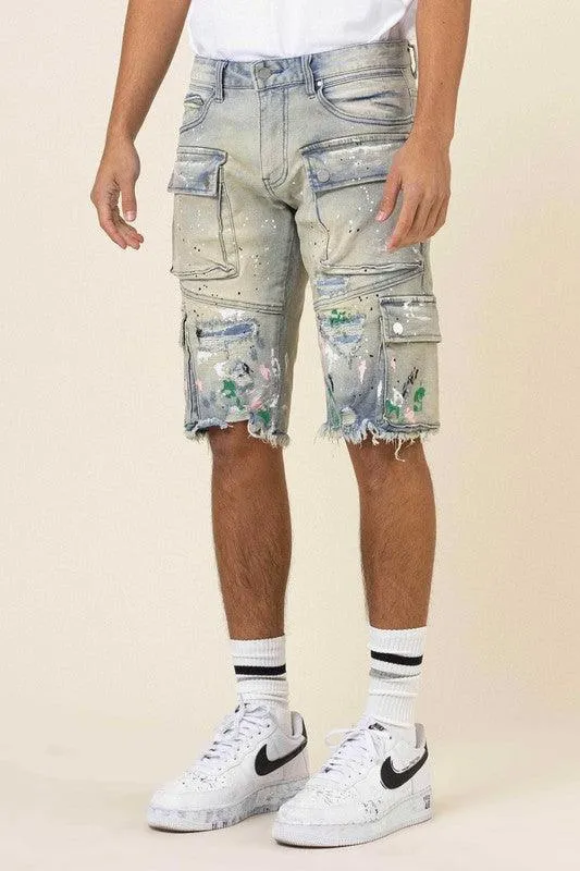 Mens Hand Painted Multi Cargo Denim Shorts