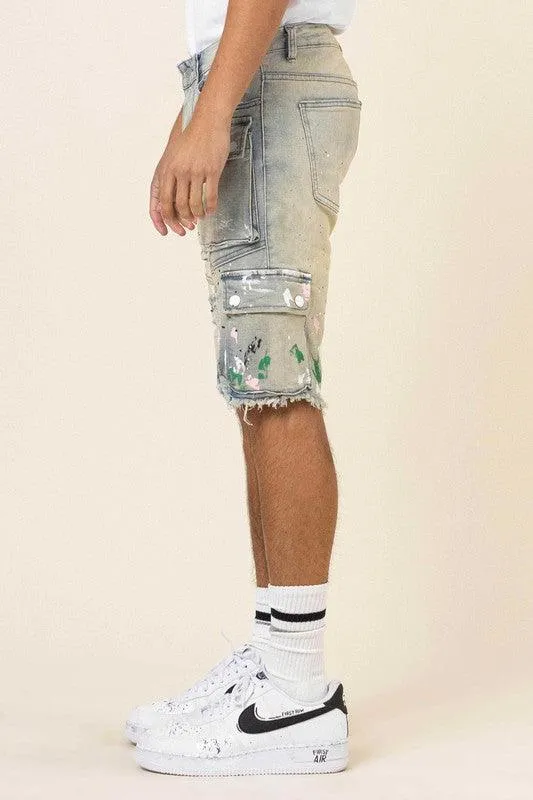 Mens Hand Painted Multi Cargo Denim Shorts