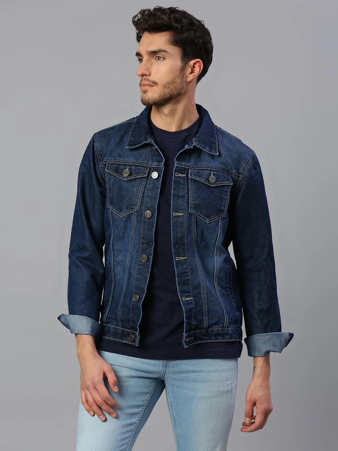 Men's Regular Fit Long Sleeve Button Down Denim Jacket (Midnight Blue)