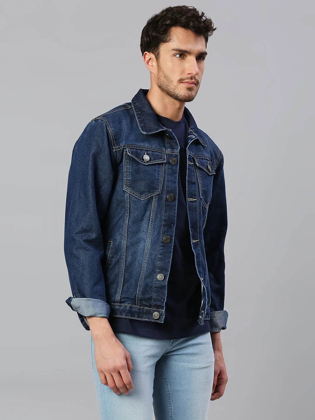 Men's Regular Fit Long Sleeve Button Down Denim Jacket (Midnight Blue)