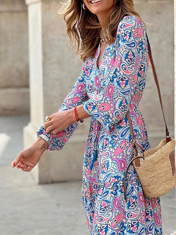 New temperament v-neck bohemian print swing dress