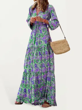 New temperament v-neck bohemian print swing dress