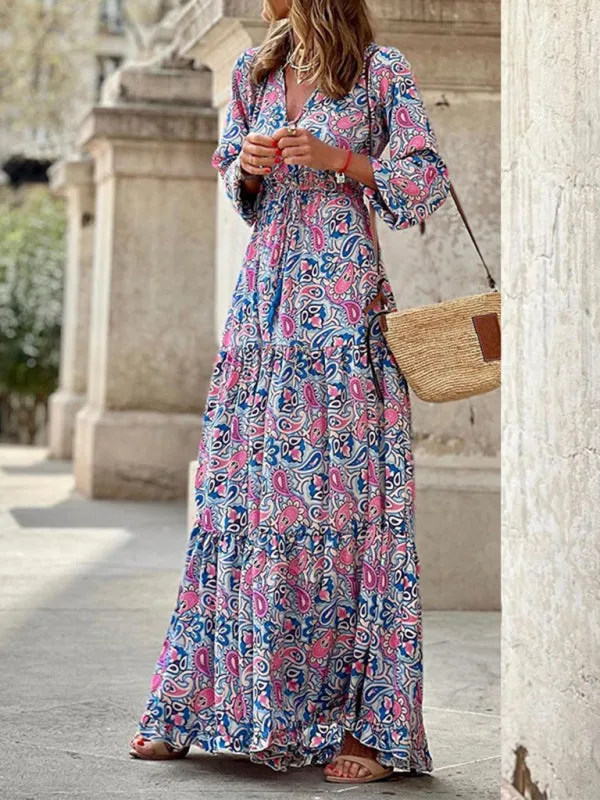 New temperament v-neck bohemian print swing dress