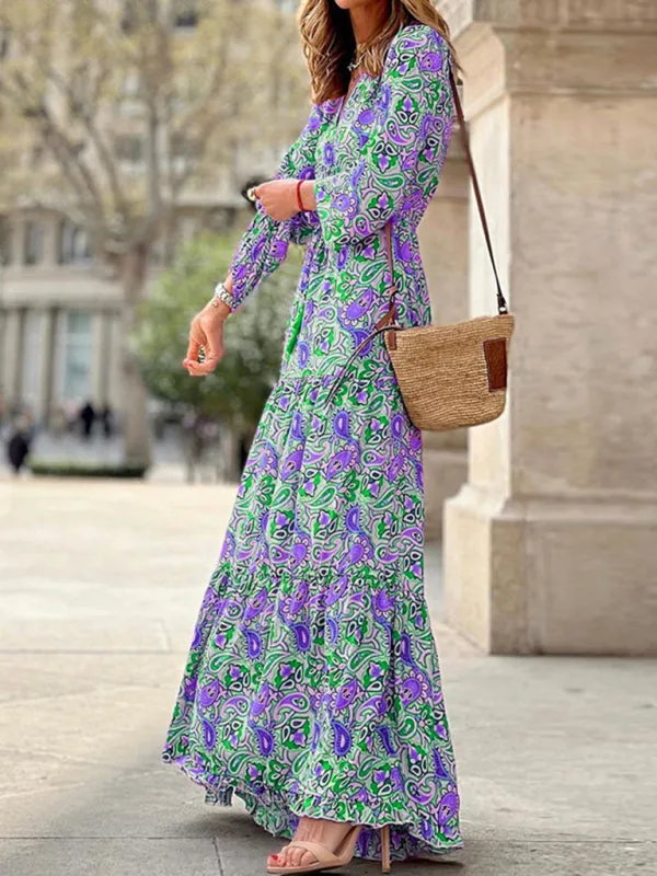 New temperament v-neck bohemian print swing dress