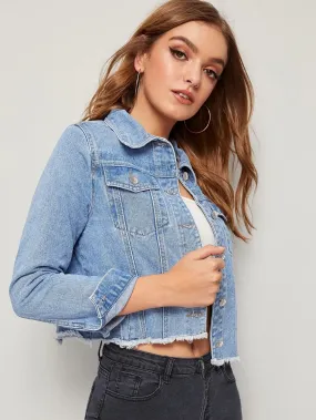 Pastel Blue Single Breasted Raw Hem Flap Pocket Denim Jacket