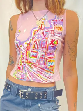 Pink Cute Graphic Printing Sleeveless Top