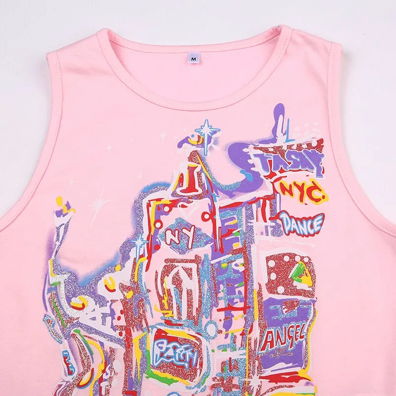 Pink Cute Graphic Printing Sleeveless Top