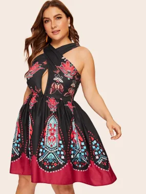 Plus Criss Cross Tribal Print Dress