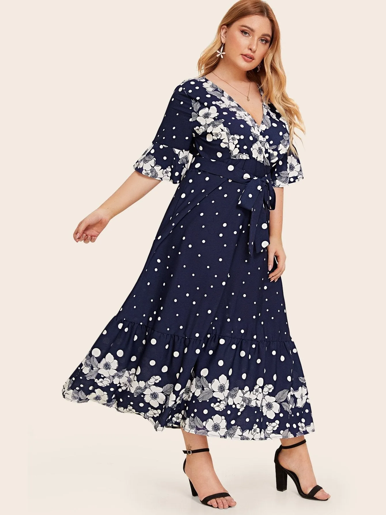 Plus Floral Print Ruffle Hem Dress