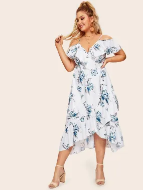 Plus Floral Print Ruffle Tulip Hem Dress