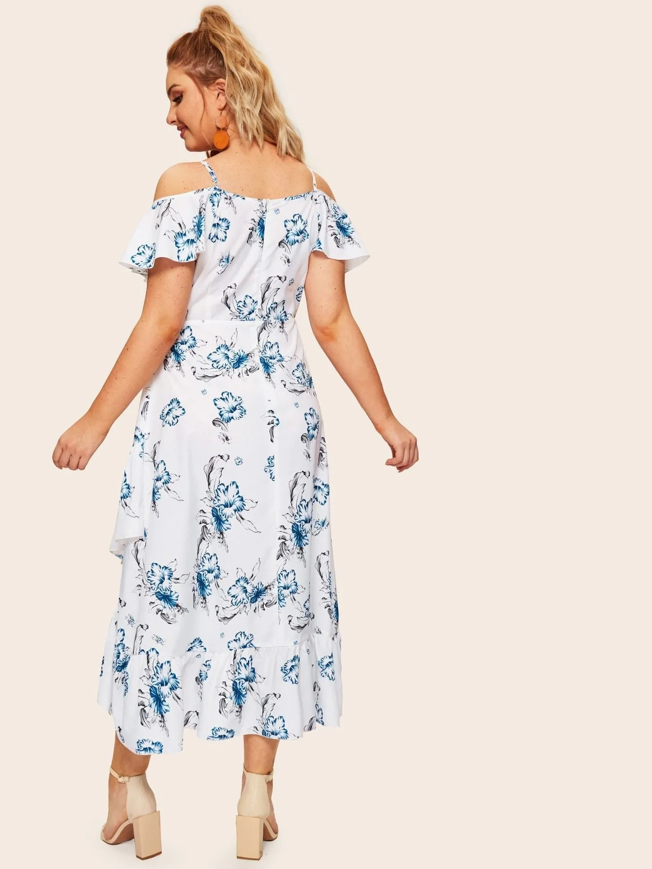 Plus Floral Print Ruffle Tulip Hem Dress