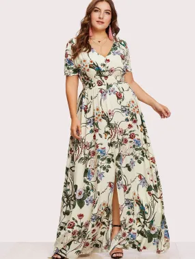 Plus Slit Button Up Front Floral Dress