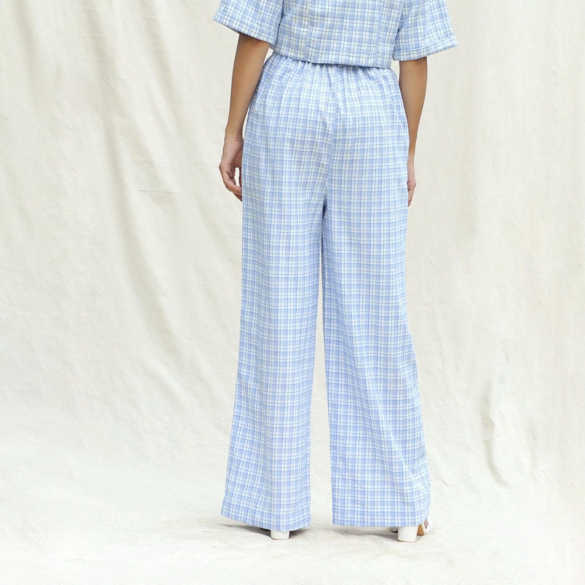 Powder Blue Checks Cotton High-Rise Wide Legged Pant