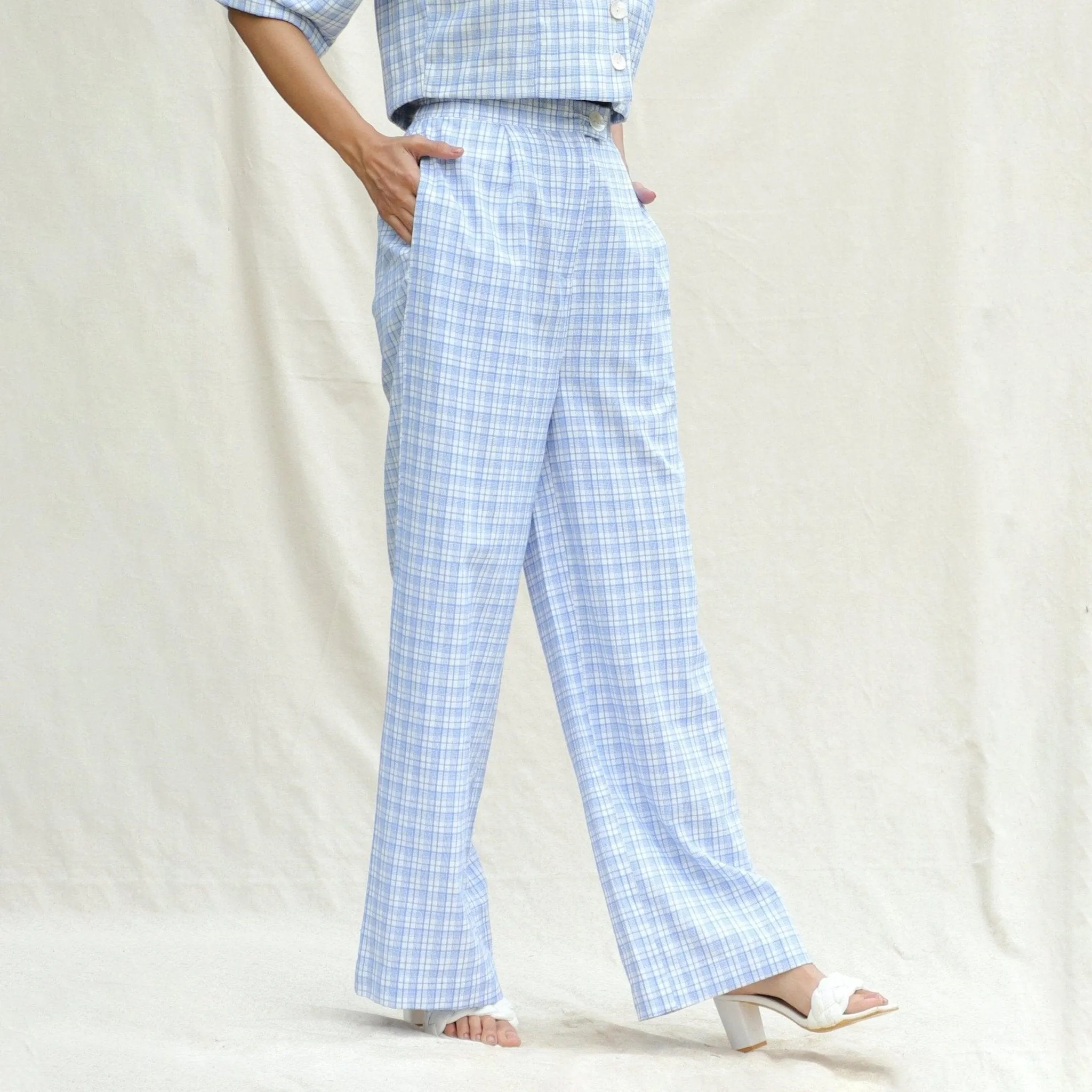 Powder Blue Checks Cotton High-Rise Wide Legged Pant