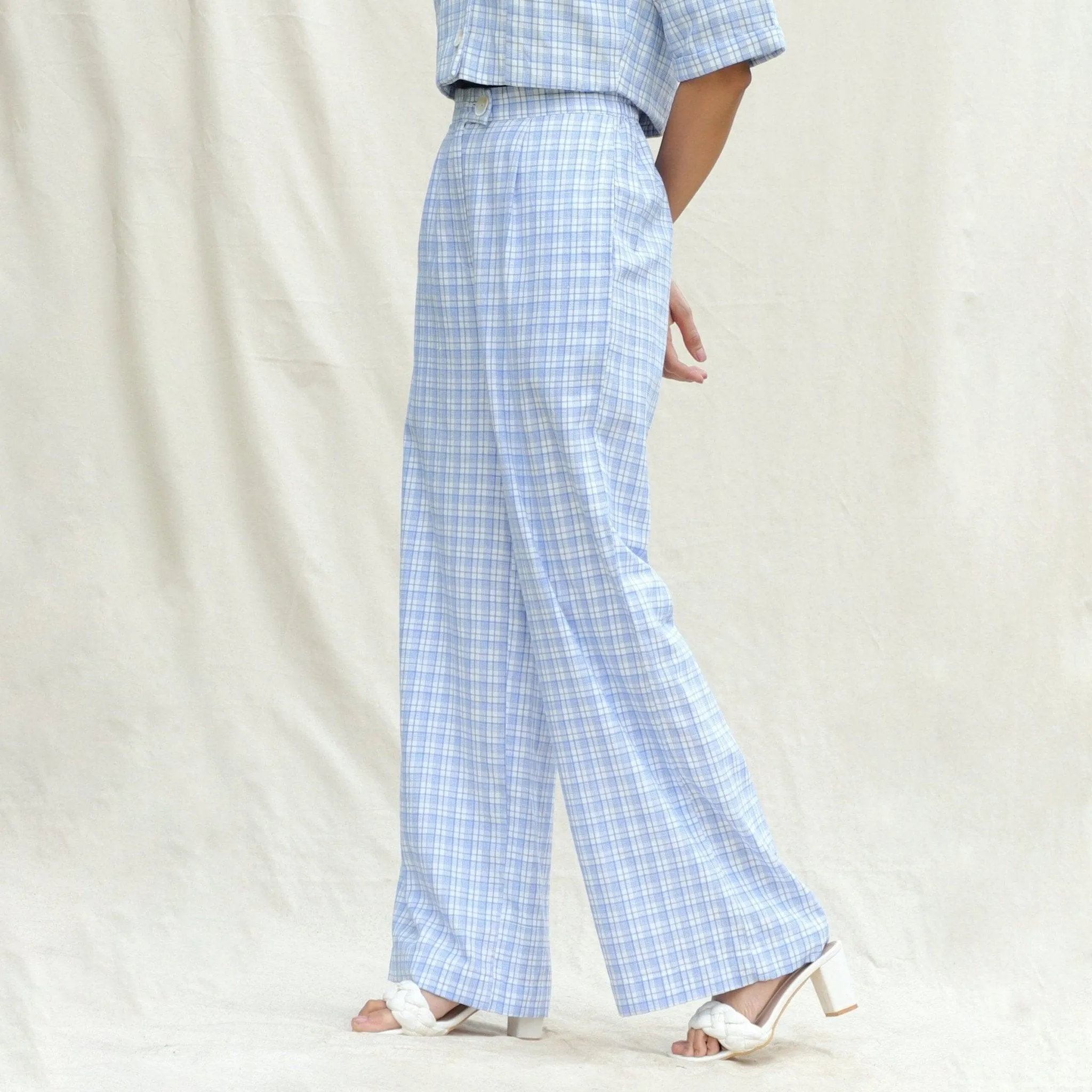 Powder Blue Checks Cotton High-Rise Wide Legged Pant