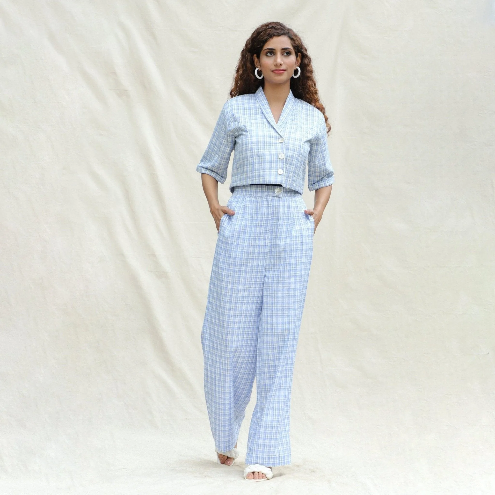 Powder Blue Checks Cotton High-Rise Wide Legged Pant