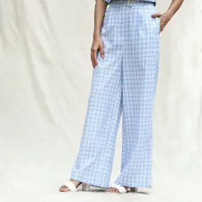 Powder Blue Checks Cotton High-Rise Wide Legged Pant