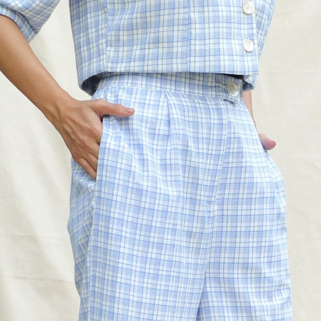 Powder Blue Checks Cotton High-Rise Wide Legged Pant