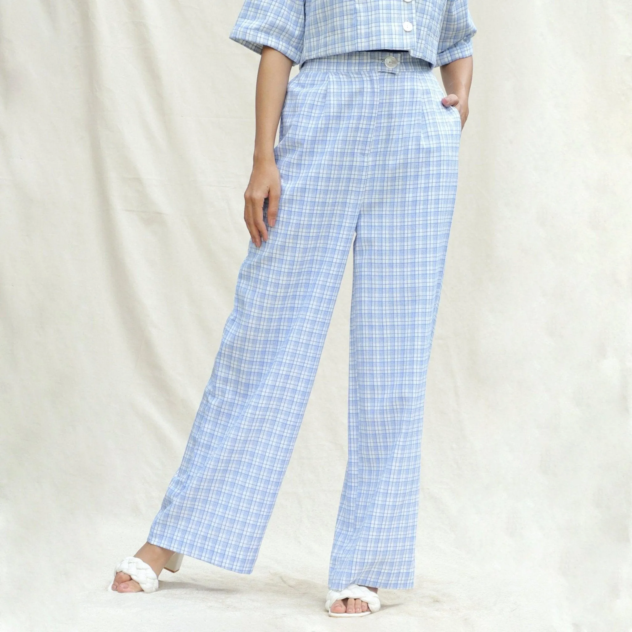 Powder Blue Checks Cotton High-Rise Wide Legged Pant