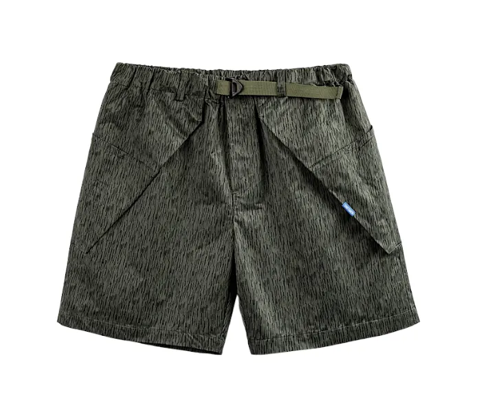 Printed technical fabric shorts with folded pocket bags