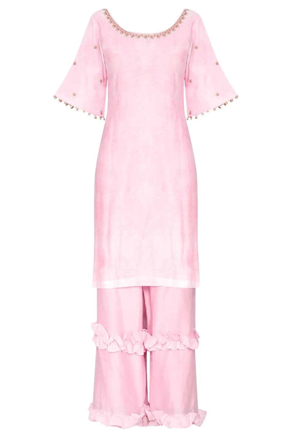 Short Pink Embroidered Kurta Set