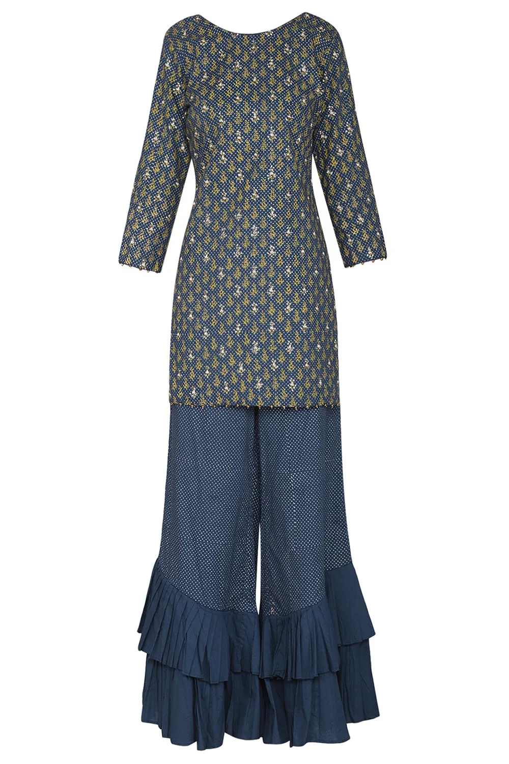 Short Prussian Blue Embroidered With Printed Kurta Set