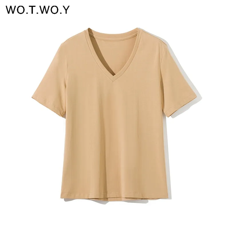 Simple V-Neck Cotton Knit T-Shirt for Women