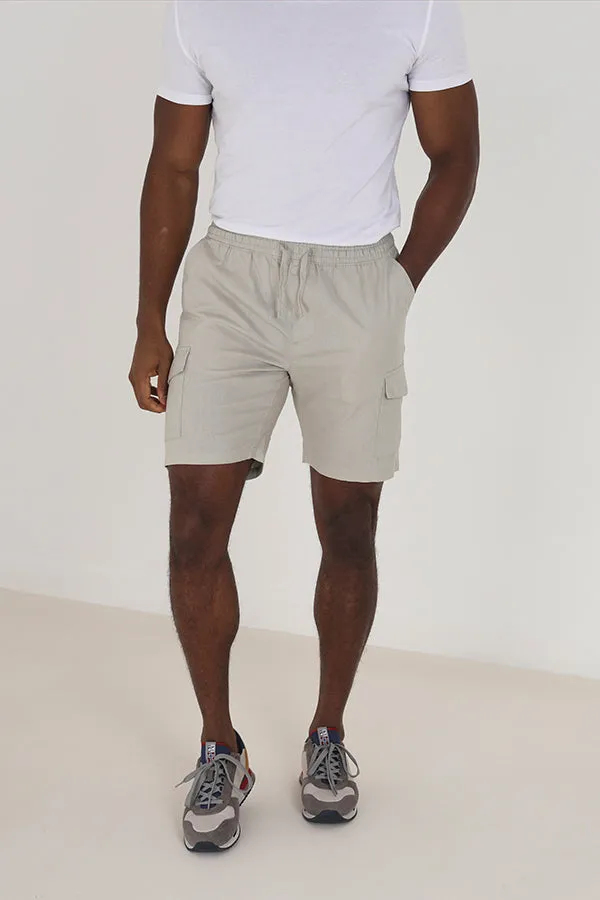 STONE ELASTICATED WAIST CARGO POCKET SHORTS