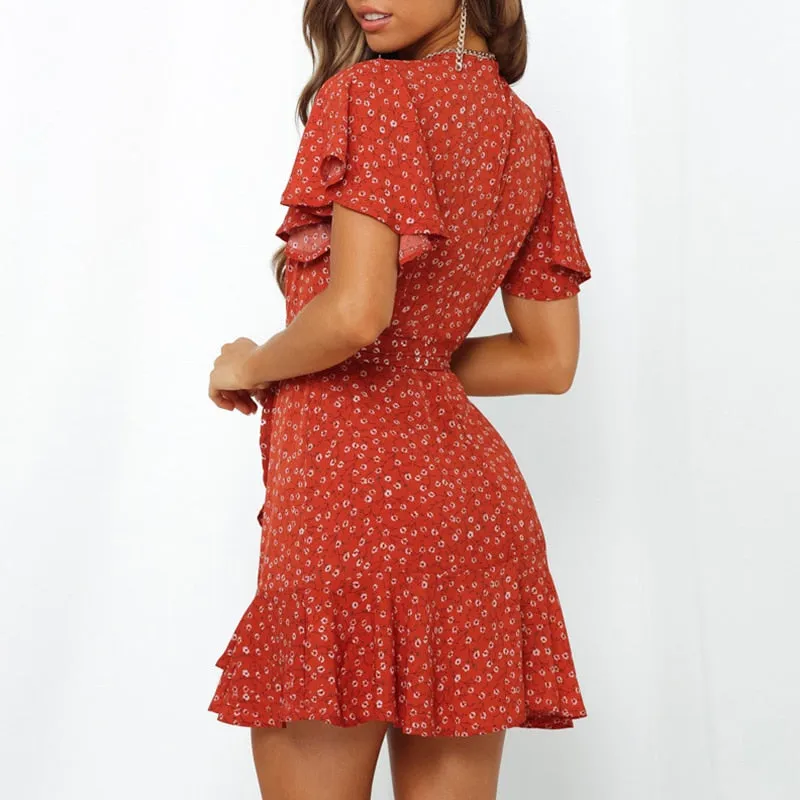 Summer Boho Print Women Sexy V Neck Holiday Beach A Line Short Sleeve Ruffles Bandage Mini Dress