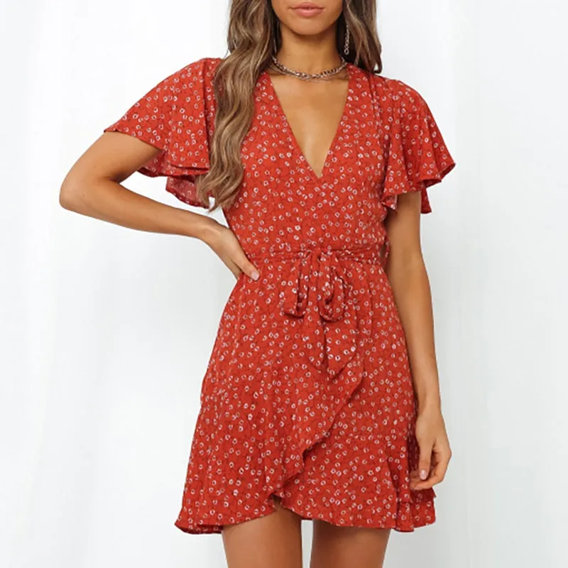 Summer Boho Print Women Sexy V Neck Holiday Beach A Line Short Sleeve Ruffles Bandage Mini Dress