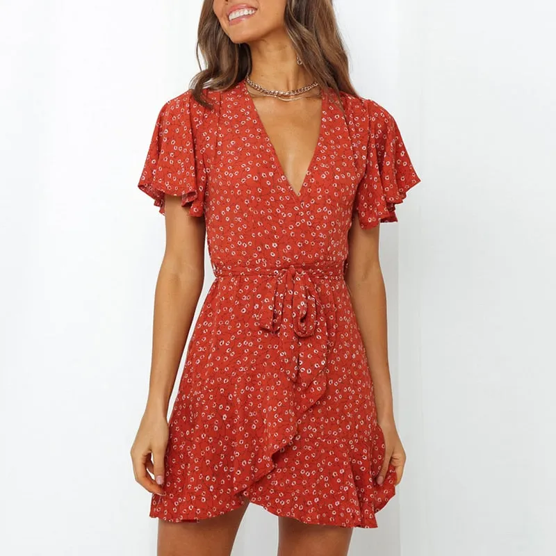 Summer Boho Print Women Sexy V Neck Holiday Beach A Line Short Sleeve Ruffles Bandage Mini Dress