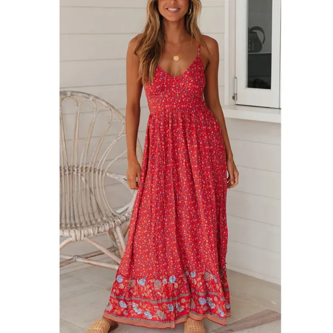 Sundresses Boho Style Print Deep-V Neck Sling Sexy Swing Maxi Dresses Wholesale Bohemian Dress For Women