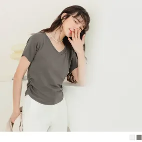 V-NECK RUCHED ELASTIC WAIST SHORT SLEEVE TOPS