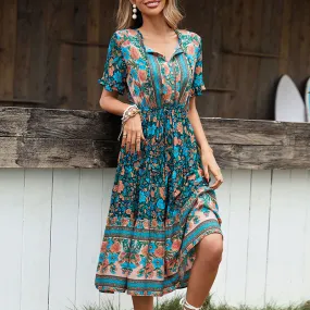 Vacation Short Sleeve Drawstring Boho Printed Bohemian Dress Wholesale Dresses