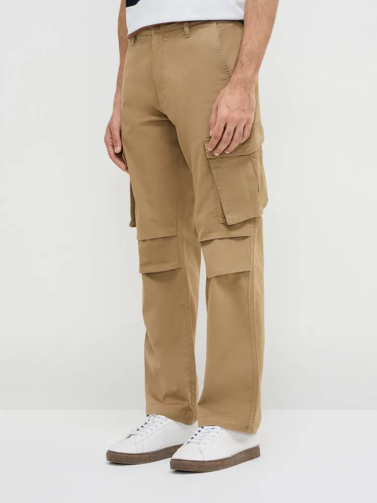 WES Casuals Beige Cargo-Style Relaxed-Fit Mid-Rise Cotton-Blend Chinos