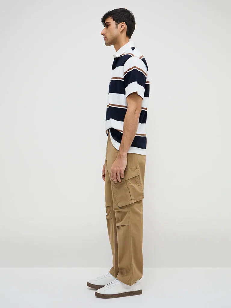 WES Casuals Beige Cargo-Style Relaxed-Fit Mid-Rise Cotton-Blend Chinos