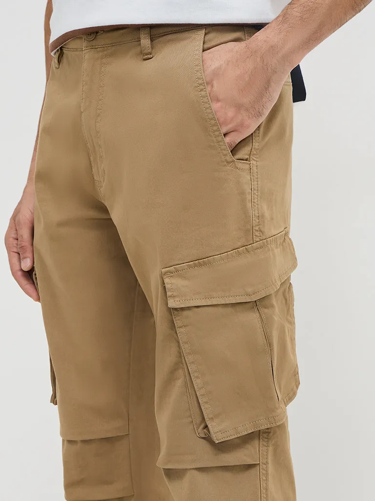 WES Casuals Beige Cargo-Style Relaxed-Fit Mid-Rise Cotton-Blend Chinos